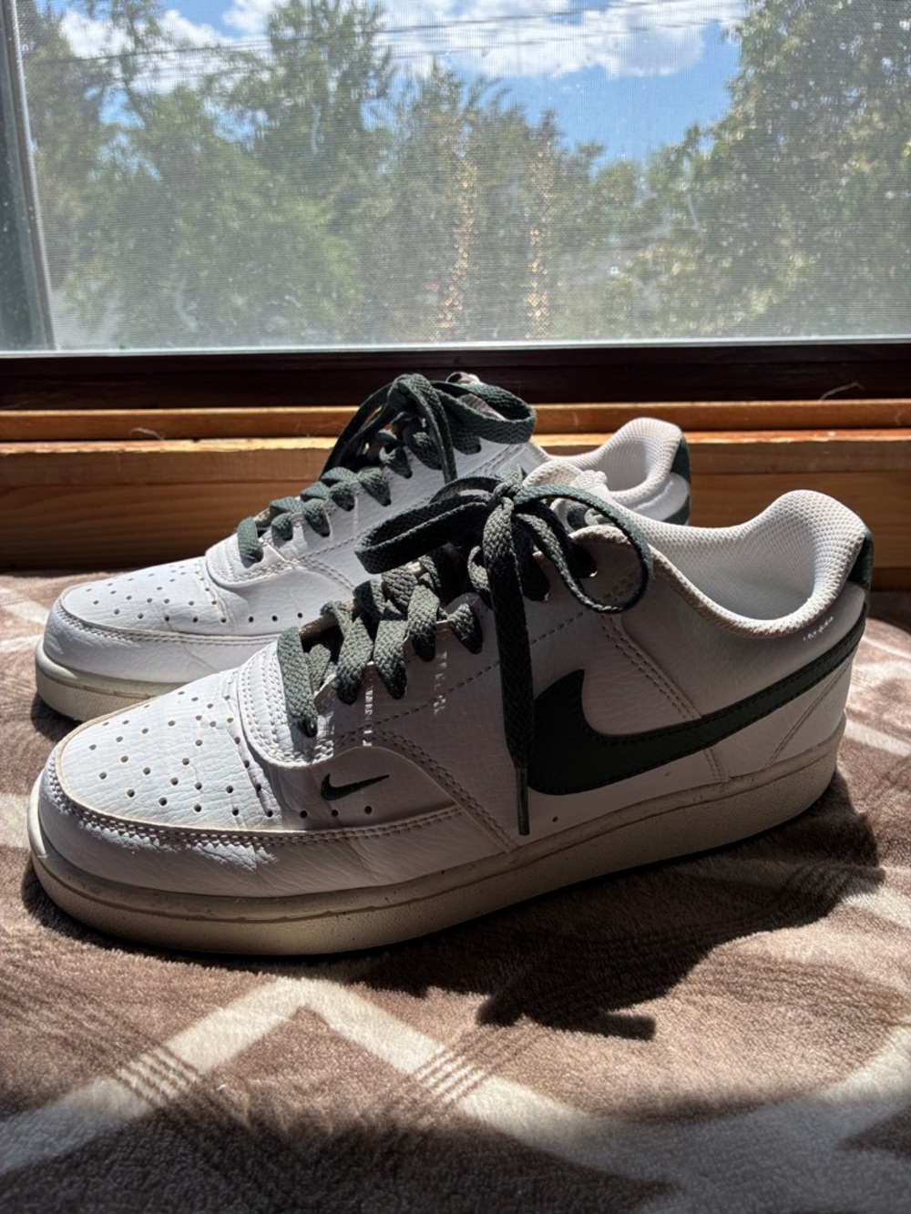 Nike White & Dark Green Court Vision Sneakers